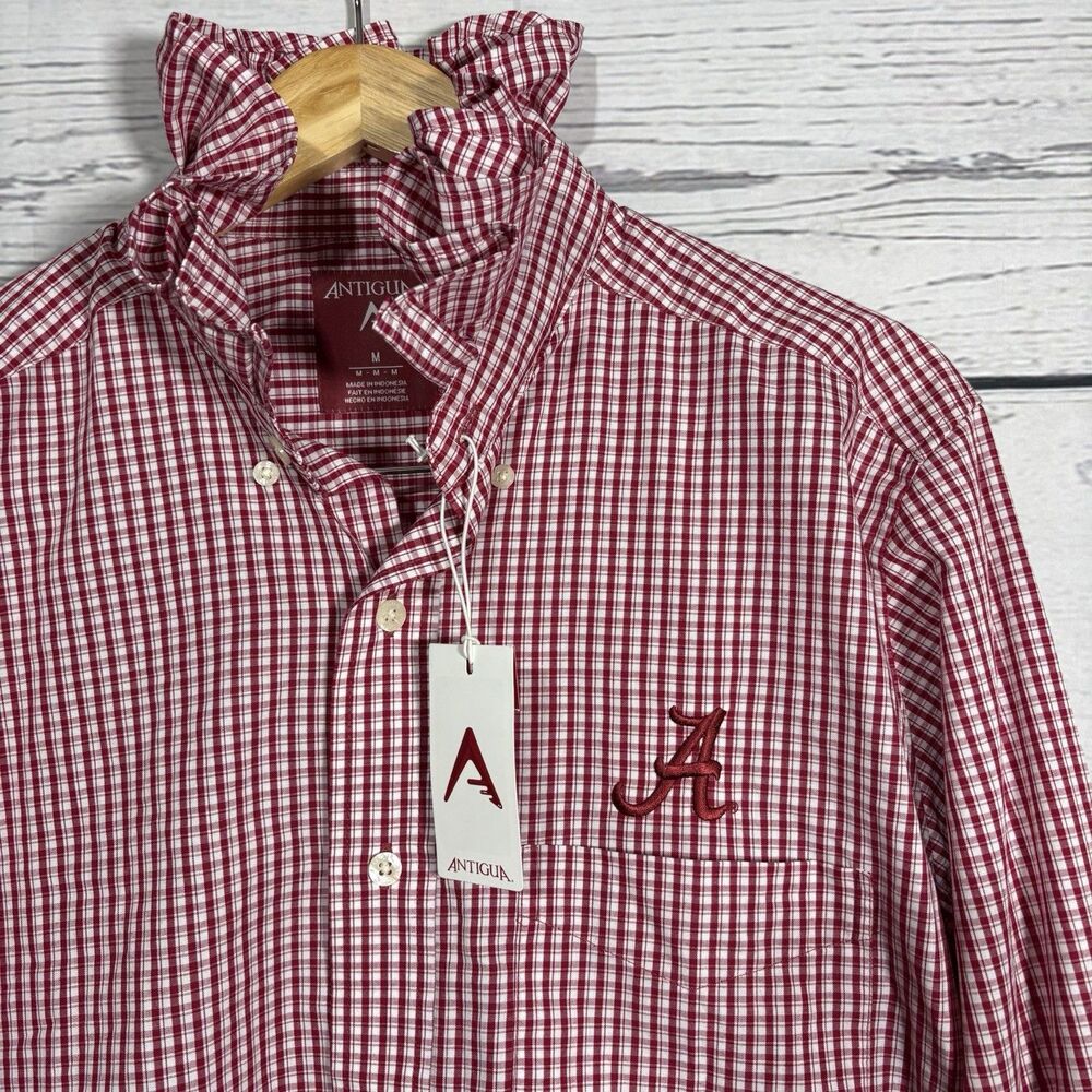 Upcycled Gingham Check Ruffle Collar Button Down Shirt Alabama Crimson Tide NWT